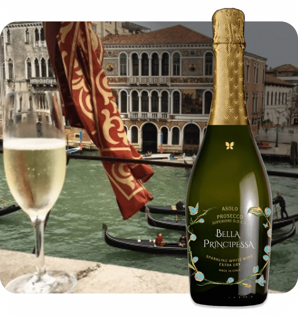 Bottle of Bella Principessa premium Prosecco with the brand's logo and name.